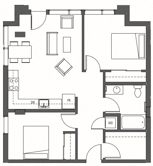 Floor plan for 2 beds, 1 bath, 834 sqft